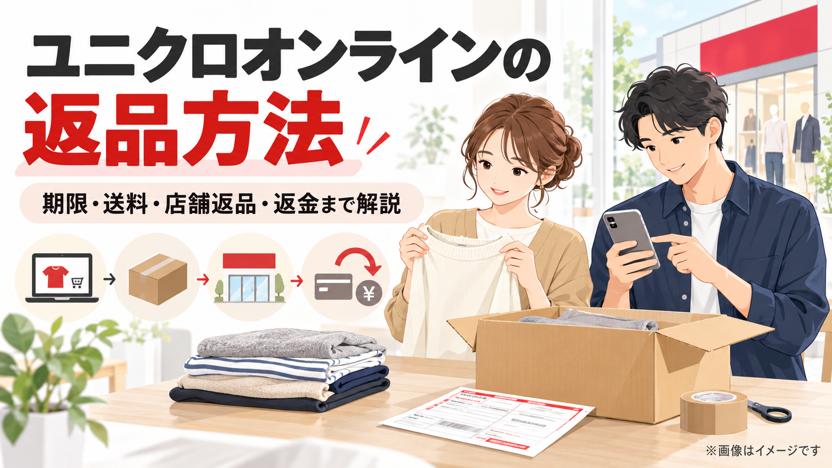 ユニクロオンラインの返品方法、返品期限、送料、店舗返品、返金の流れを解説するアイキャッチ画像