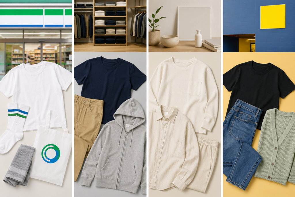 多彩な衣料とアクセサリーの並列展示