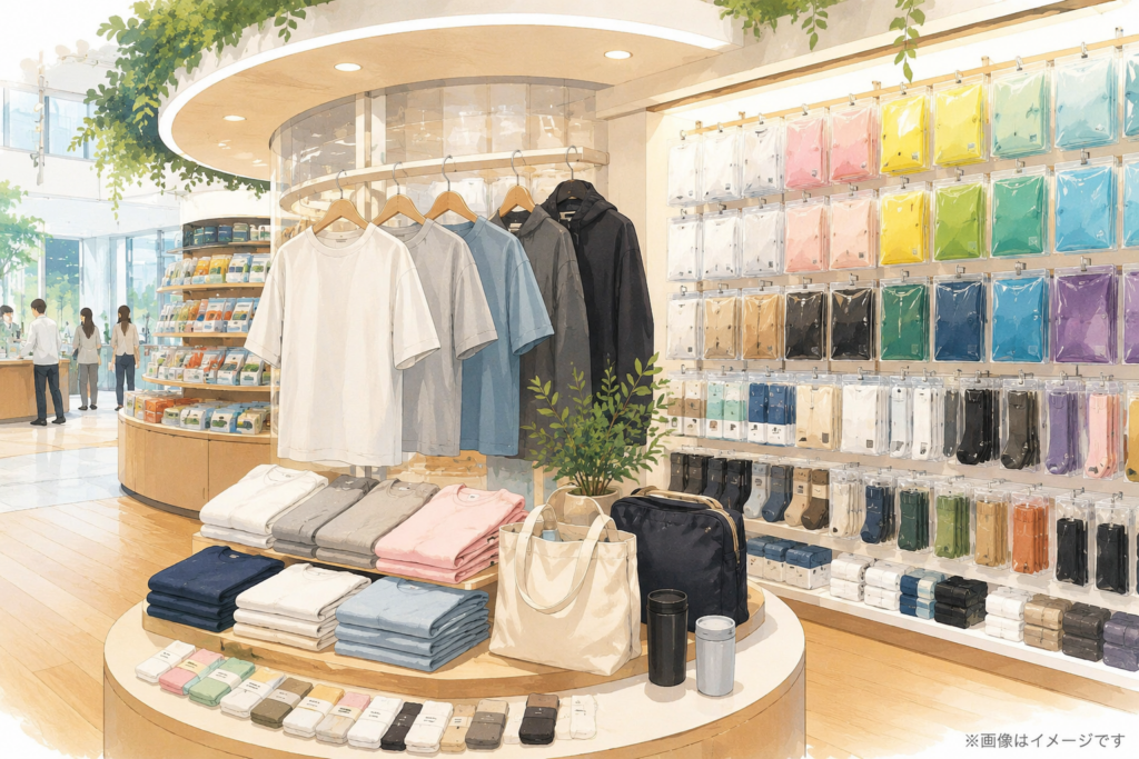このnote記事の　限定商品は何がある？コンビニエンスウェアの普段着化を読み解く　の章の内容にマッチするアイキャッチ画像を作る
 イラスト調にする。
No text
※画像はイメージです　と入れる。