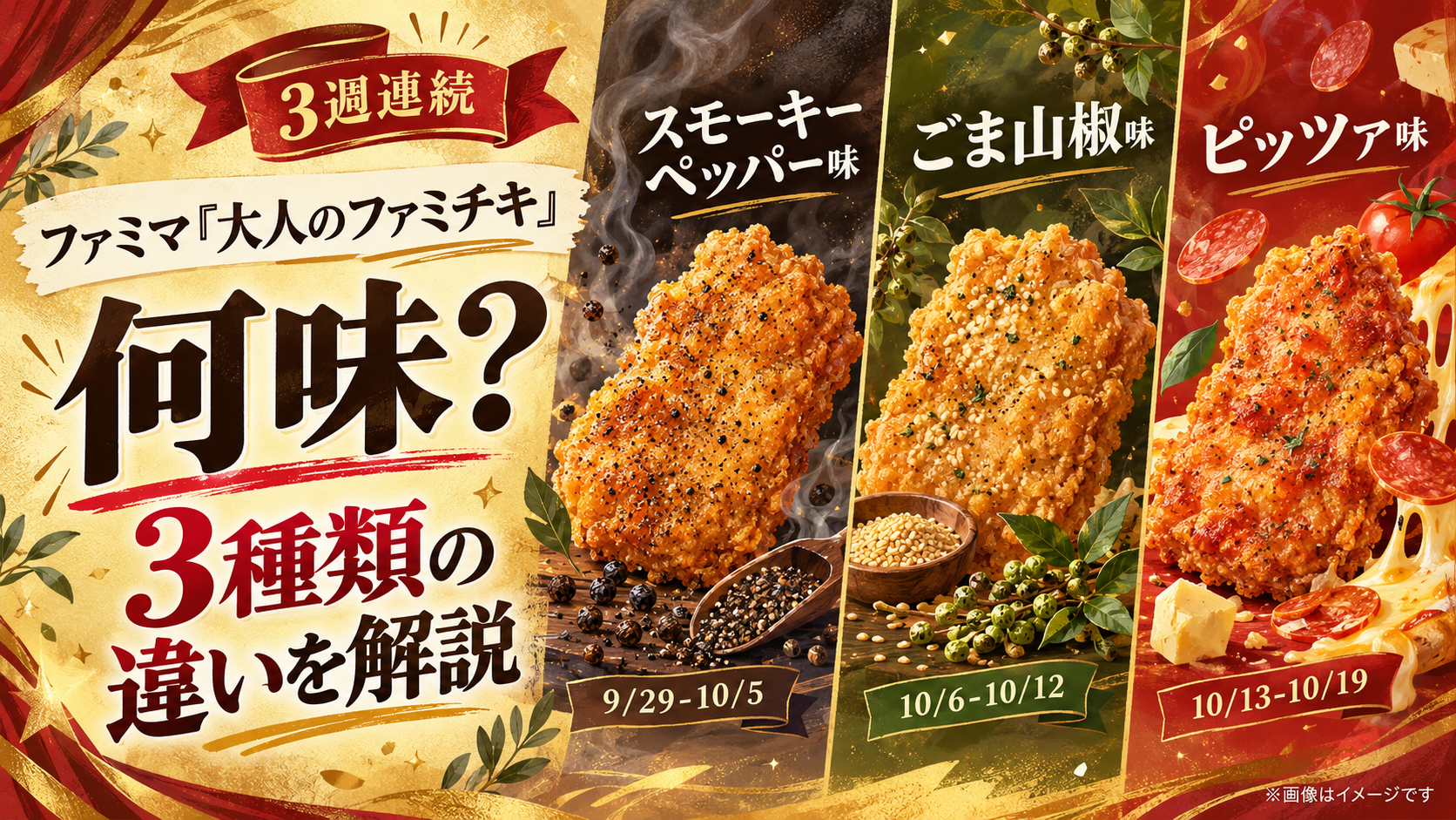 ファミマの「大人のファミチキ」3種類を紹介する見出し画像。スモーキーペッパー味、ごま山椒味、ピッツァ味のイラストと発売日を掲載